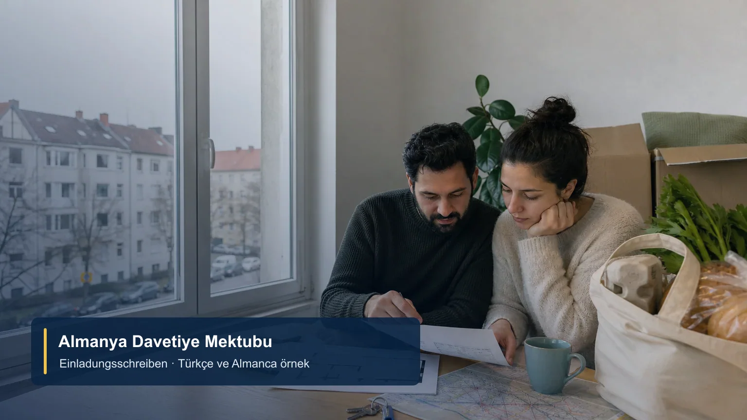 Almanya'da ev ortamında bir davet mektubunu inceleyen çift