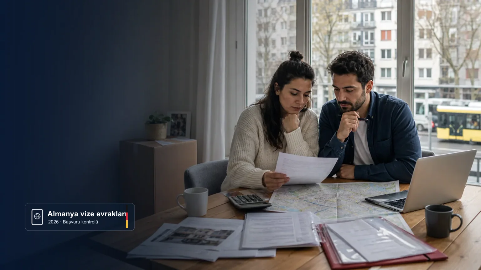 Almanya vize başvurusu için pasaport ve evraklarını inceleyen çift