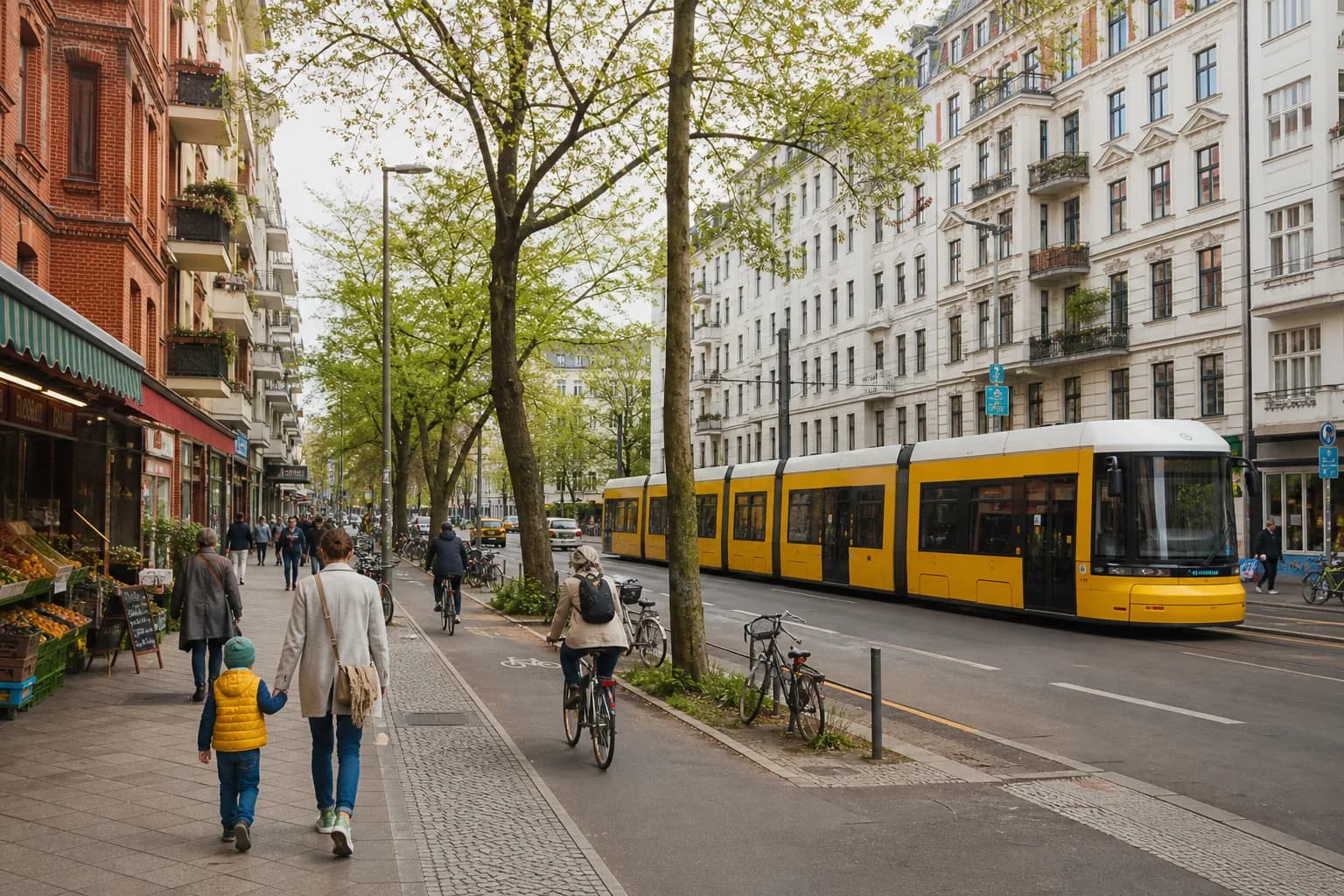 Berlin'de apartmanlar, tramvay, bisiklet yolu ve gündelik mahalle yaşamı