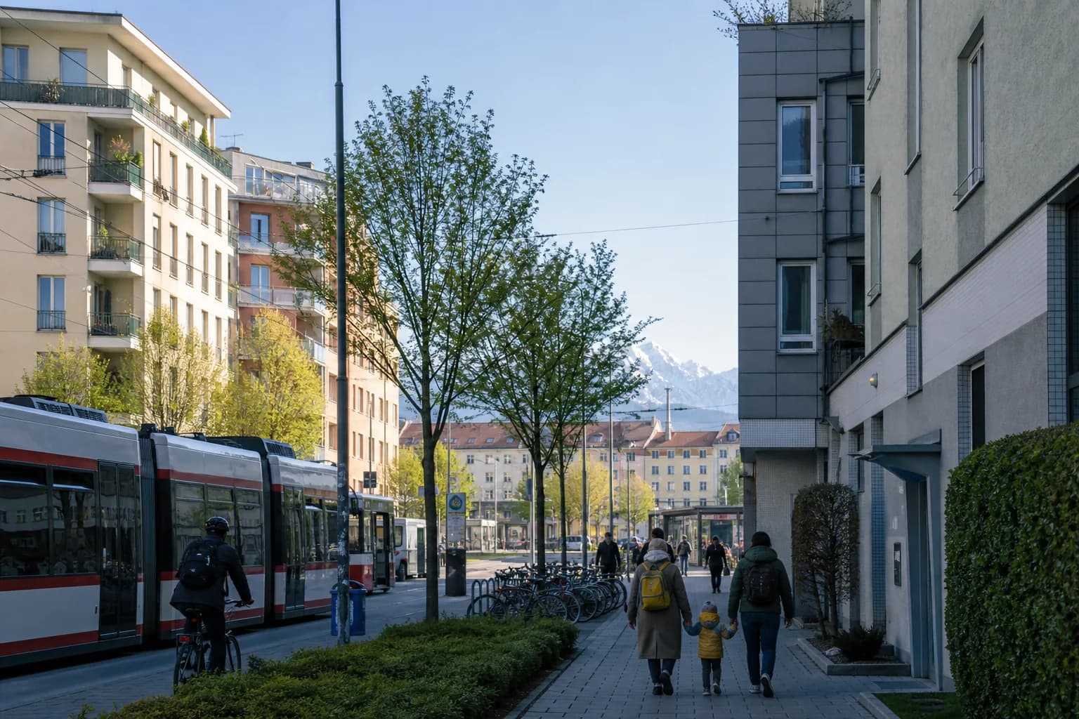 Münih'te apartmanlar, tramvay, bisikletler ve çocuklu ailelerin gündelik yaşamı