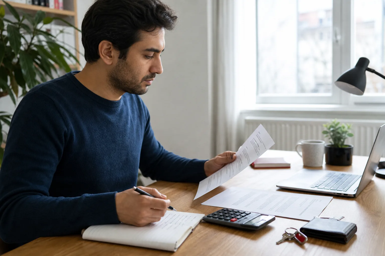 Almanya iş teklifini ve aylık bütçeyi inceleyen çalışan